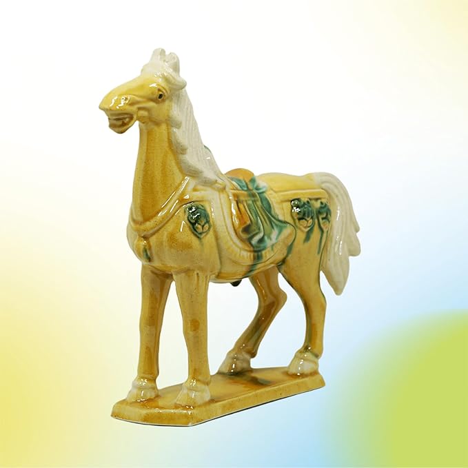 Handmade Tang Dynasty Tri-Color Horse Ceramic Sculpture - 19cm Traditional Chinese Cultural Art Decor - Symbol of Prosperity & Good Fortune - Perfect for Home, Office, Bookcase Shelf (Yellow)