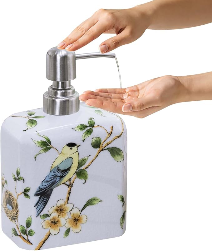 Ceramic Soap Dispenser, Decorative Flower Liquid Hand Soap Dispenser, Empty Refillable Lotion Bottle with Removable Pump for Bathroom Kitchen Countertop - White, 18.6 oz
