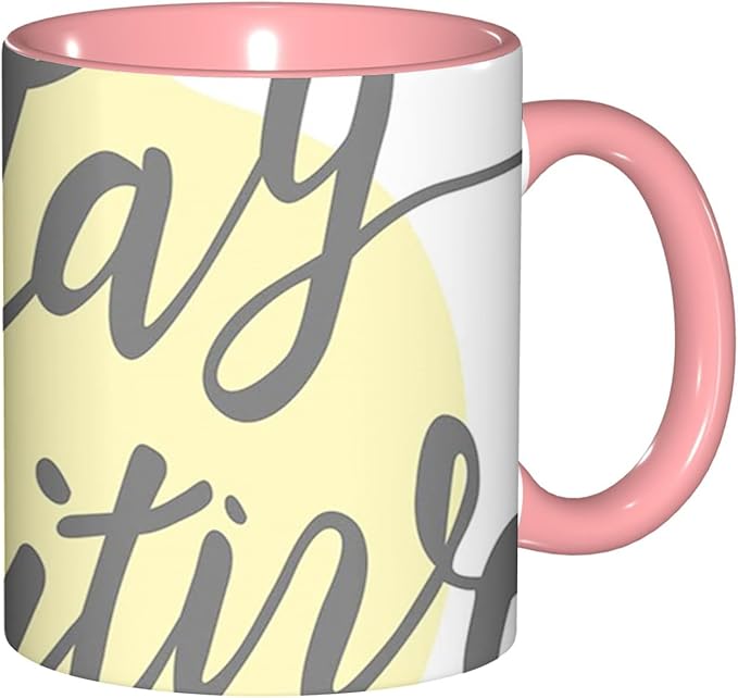 Positive Energy,Funny Novelty Ceramic Coffee Cups With Handle,Words on Circular Backdrop Tea Cup for Office and Home, 11 Oz,Dishwasher Microwave Safe (Pink)