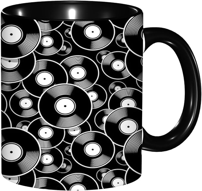 Retro,Funny Novelty Ceramic Coffee Cups With Handle,Music Pattern of Old Time Musical Tea Cup for Office and Home, 11 Oz,Dishwasher Microwave Safe (Black)