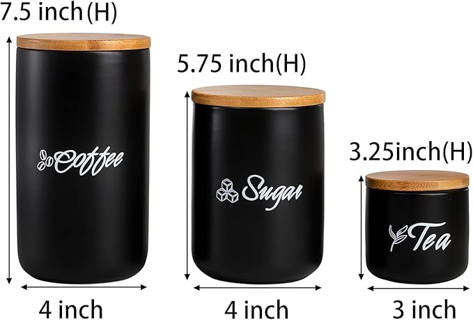 TOPZEA Black Ceramic Canister Set of 3, Coffee Sugar Tea Cylinder Containers Set with Bamboo Airtight Lid, Pantry Organization Kitchen Canisters Food Storage Jars for Countertop, Coffee Station