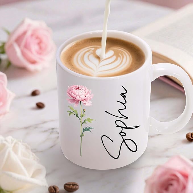 Custom Coffee Mug with Birth Flower & Text, 11oz Ceramic Personalized Mugs for Women, Customized Birthday Gifts for Mom Sister Coworker Best Friend (Flower & Name)