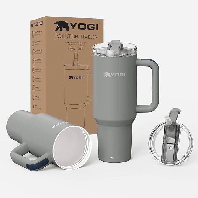 YOGI Ceramic Lined Metal Allergy Safe 40oz Tumbler with Handle and Straw Leakproof Flip & Sip Lid Vacuum Insulated Stainless Steel Travel Cup for Iced Coffee Water and All-Day Hydration 40oz Slate