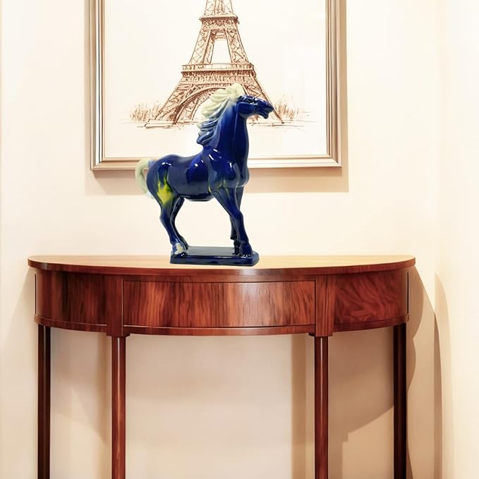 Handmade Chinese Ceramic Horse Sculpture - 9 Inch Tang Dynasty Tri-Color Porcelain Figurine, Museum Quality Home Office Desk Decor, Authentic Cultural Art Piece - Symbol of Strength & Success (Blue)