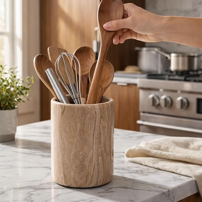 Radicaln Marble Utensil Holder 6.5" Inches Natural Brown Handmade Spatula Set for Kitchen Counter, Cooking Utensils Jar & Kitchen Essentials Organizer, Ideal Utensil Caddy & Spoons Holder