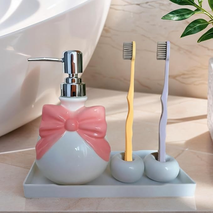 Pink Ceramic Soap Dispenser Set – Bow Design 12oz Dispenser with 2 Ceramic Toothbrush Holders & PP Tray, Refillable Cute Bathroom Accessories for Lotion, Hand Soap & Dish Soap