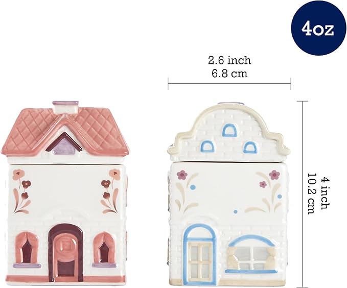 Bico Spice Cottages Pink and White 4 oz Ceramic Spice Jar Set of 2 with Labels, Hand-Painted, Airtight Kitchen Spice Container Organizer