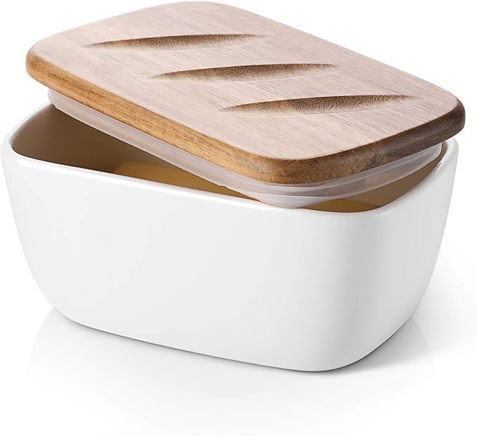 DOWAN 6.5" Large Butter Dish - Ceramic Butter Dish with Lid for Countertop - White Butter Keeper Holds Up to 3 Sticks - Butter Holder and Container with High-Quality Silicone Sealing