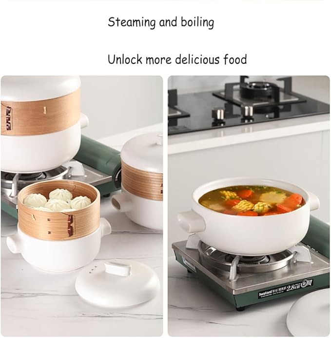 Steamer for Cooking Japanese Ceramic Hot Pot, Earthenware Clay Pot Casserole Steamer Cookware Stew Pot Stockpot with Lid & Steamer Basket for Healthy Cooking, Even Heating,Black,2.5L