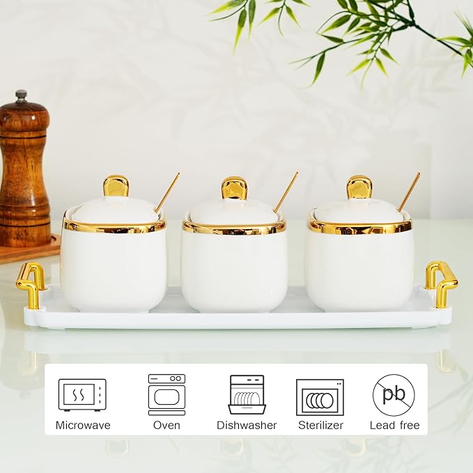 3 Pack Gold Condiment Spice Jars with Lids, Spoons, Tray - Ceramic Seasoning Box Set for Salt, Pepper, Sugar - Kitchen Storage