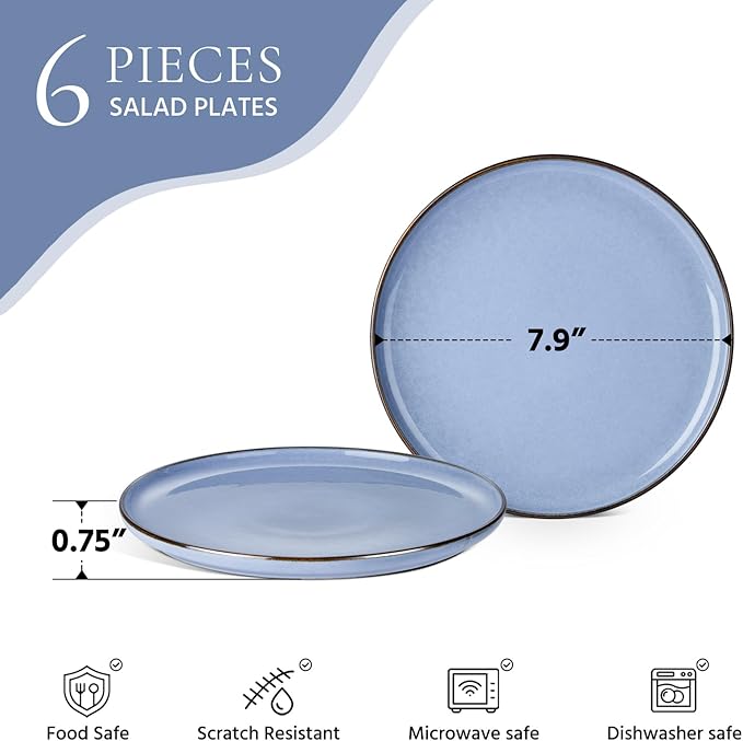 E-far 8” Ceramic Salad Plates Set of 6, Reactive Glaze Stoneware Dishes, Round Dessert Plate for Home Kitchen Restaurant, Microwave & Dishwasher Safe – Ocean Blue