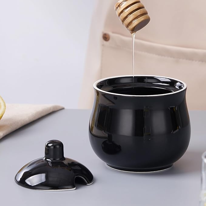 Ceramic Sugar Bowl with Lid and Spoon, Black Porcelain Sugar Salt Pepper Storage Jar, 7 Ounces