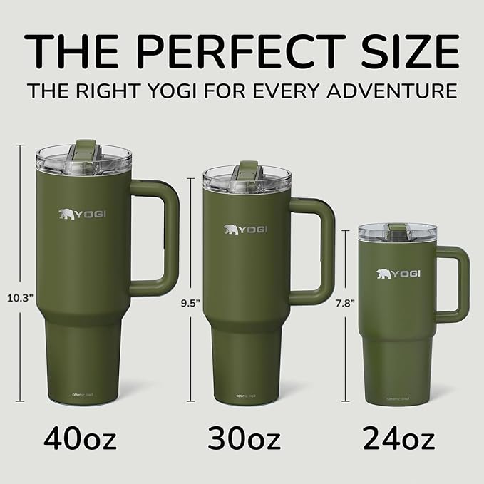 YOGI Ceramic Lined Metal Allergy Safe 40oz Tumbler with Handle and Straw Leakproof Flip & Sip Lid Vacuum Insulated Stainless Steel Travel Cup for Iced Coffee Water and All-Day Hydration 40oz Olive
