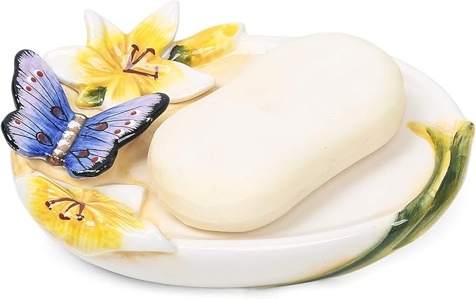 Ceramic Soap Dish Holder, for Bathroom,Tub and Kitchen Sink，3D Butterfly and Lily Design