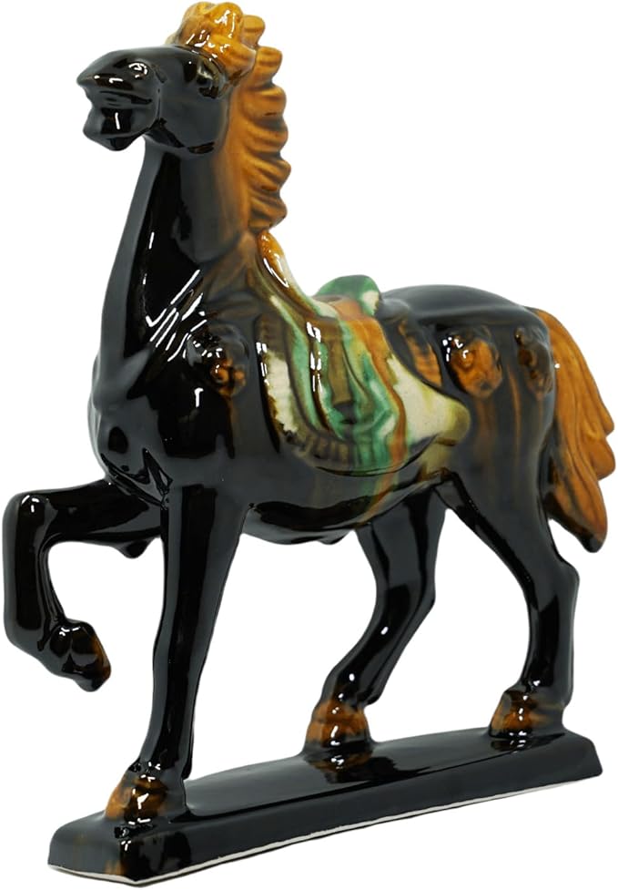 Handmade -Tang Dynasty Tri-Color Horse Sculpture Ceramic Horse-19cm Cultural Art Piece for Home,Bookcase or Office Decor (Black)