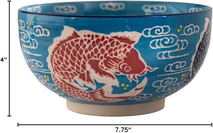 Urban Tokyo Japanese Kamameshi Style Ceramic Glazed Japanese Ramen Udon Pho Noodle Bowl With Spoon, Bamboo Lid, Chopsticks and Trivet 5 Piece Set (Japanese Koi Fish), BCH625