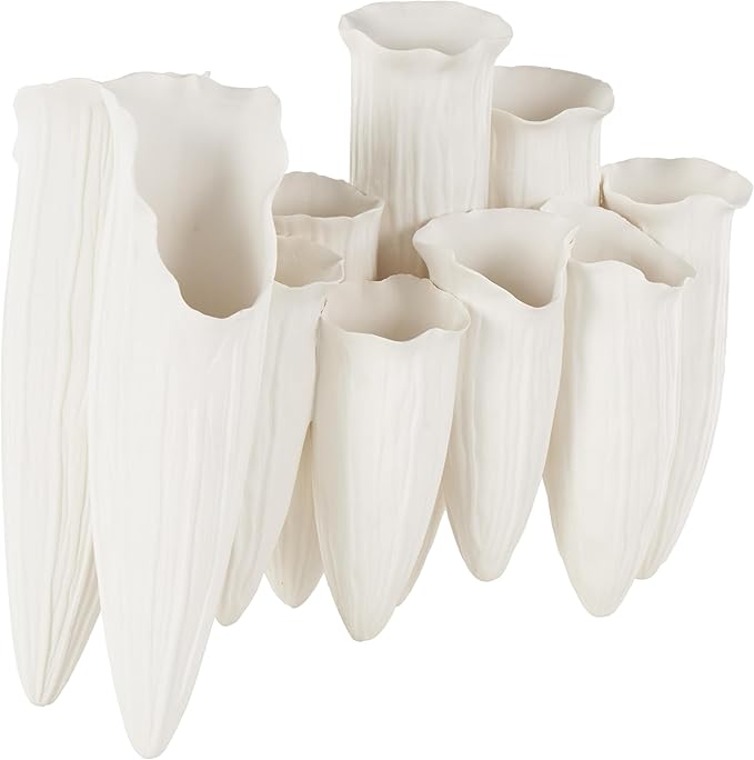Deco 79 Ceramic Abstract Floral Inspired Vase with Linear Grooves and 10 Openings, 14" x 5" x 11", White