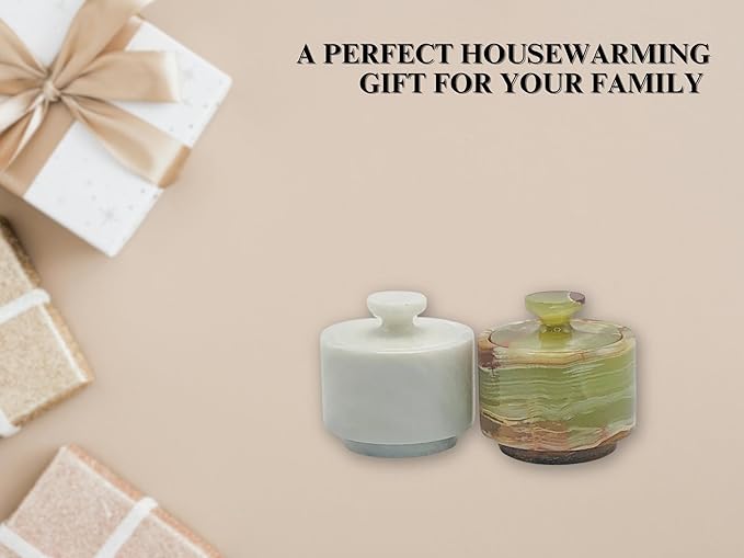 Premium Marble Salt Cellar with Lid 2 Pack | 3.5 oz Kitchen Storage Container | Elegant Cooking Salt Box | Spice Jar Keeper for Counter (White Green)
