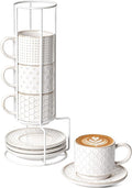 LE TAUCI Stackable Cappuccino Cups with Saucers and Stand, 8 oz Large Ceramic Coffee Cup Set for Café Au Lait, Latte, Tea Cup and Saucer Set of 4, Microwave & Oven Safe, Embossed, White