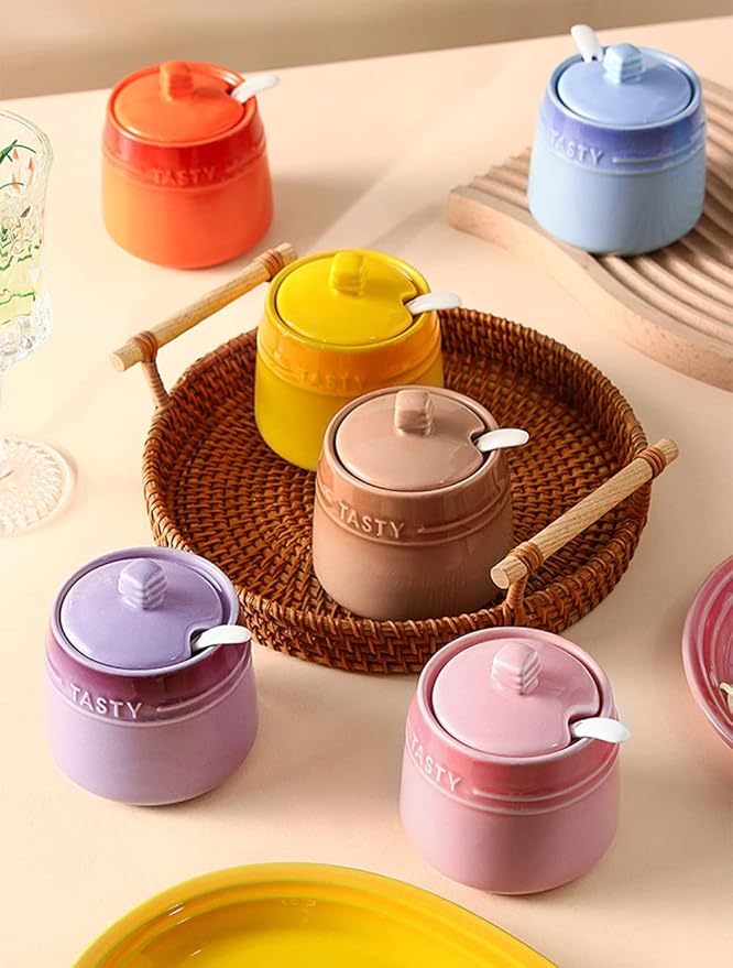 Colourful Ceramic Spice Jar Seasoning Box Condiment Pot Sugar Bowl with Lid Spoon-Brown