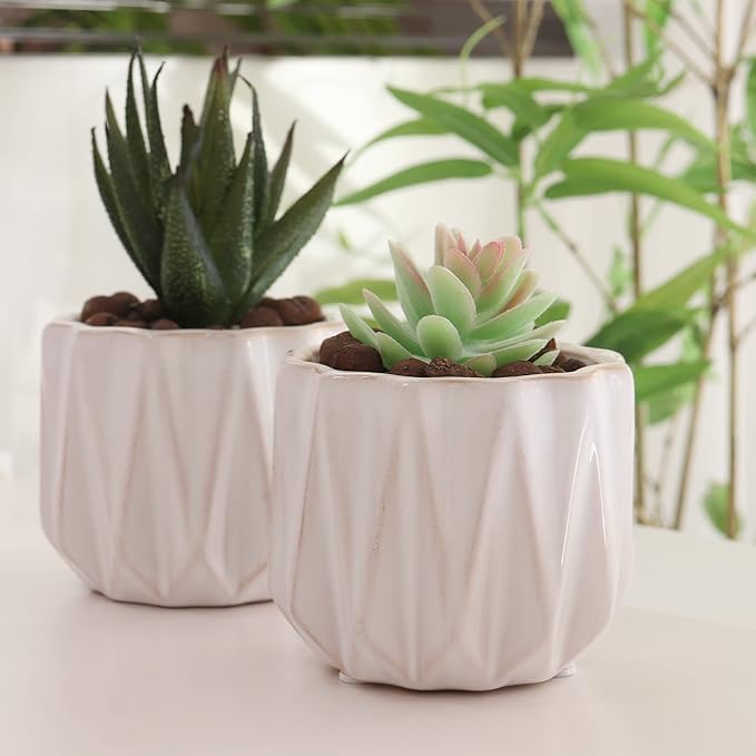 Plant Pot 4 Inch Ceramic Pots, Set of 2 Flower Pots Crackle Glaze Small Planters Pots with Drainage Hole and Mesh Pads for Indoor Outdoor Garden Pots Succulent, Cactus, Herbs (White)