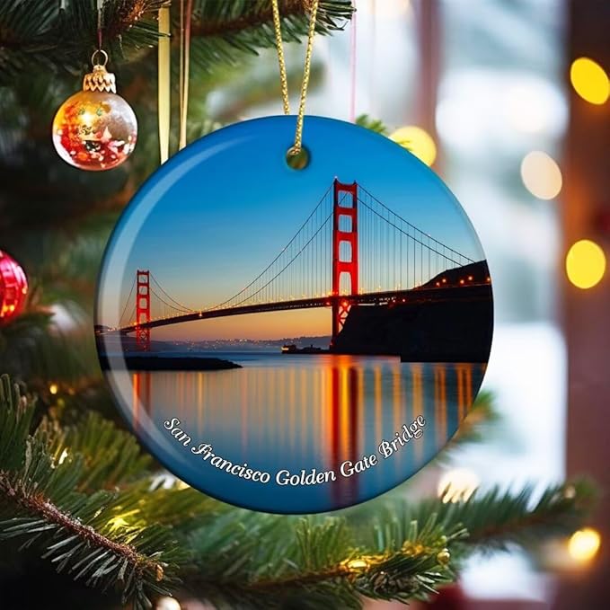 California San Francisco Golden Gate Bridge USA America Christmas Ornaments Ceramic Round Hanging Pendant Xmas Decor City Travel Souvenirs 3" Porcelain Double Sided