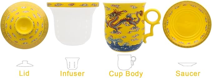 Porcelain Tea Cup with Infuser Lid and Saucer Sets - Chinese Jingdezhen Ceramics Coffee Mug Teacup Loose Leaf Tea Brewing System for Home Office