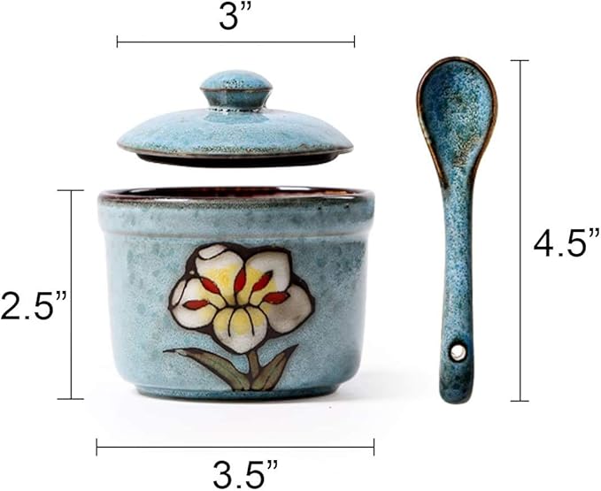 123Arts Ceramics Retro Flower Sugar Salt Pepper Storage Jar Seasoning Pot with Lid And Spoon