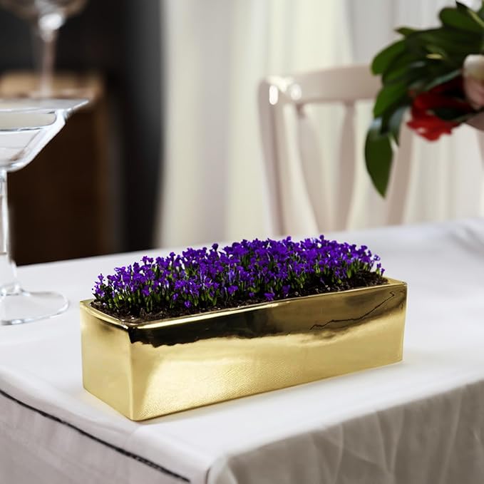 WGVI Long Rectangle Ceramic Planter Vase in Gold 12" x 4" x 4"H, Block Rectangular Terrarium Box Pot, Flower Arrangement, Table top Centerpiece, Home Decor Organization Storage Container, 6 Pcs.