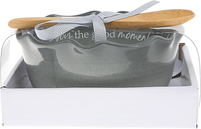 Pavilion Gift Company - Enjoy The Good Moments - 4.5" Ceramic Bowl With Bamboo Serving Spoon Neutral Ombre Kitchen Serveware Housewarming Gift Hostest Host Present
