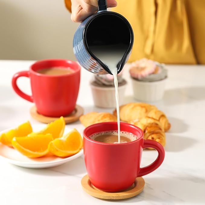 HASENSE 8 oz Tea Cups and Saucers Set of 6, Ceramic Coffee Cups Latte Cappuccino Cups with Handle for Double Shot, Cafe Mocha, Espresso, Stackable Coffee Mugs for Party Home and Kitchen, Red