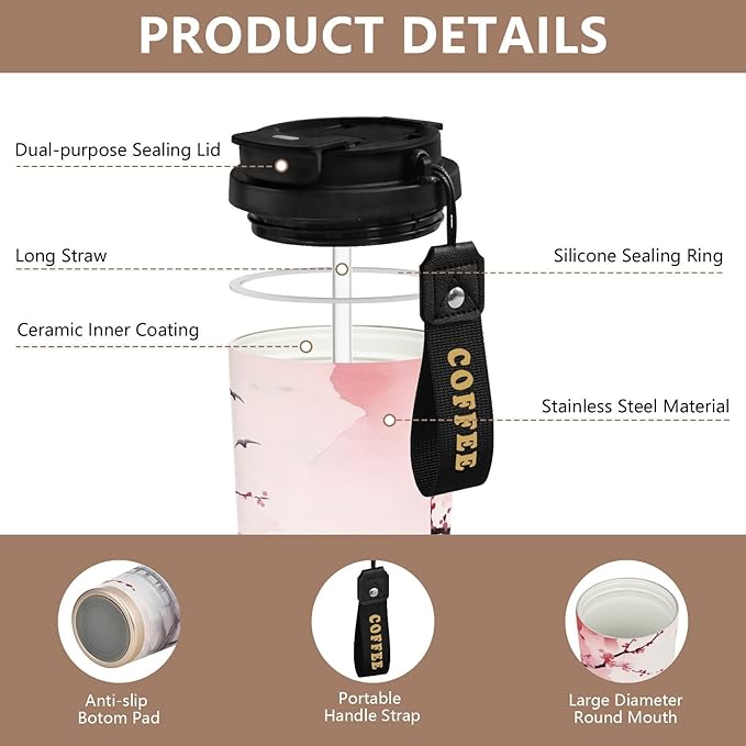 Asian Landscape Pink 17oz Insulated Coffee Mug with Dual-Function Lid, Ceramic Lined Travel Tumbler for Pure Taste, Stainless Steel Water Bottle with Straw, Fits Cup Holders