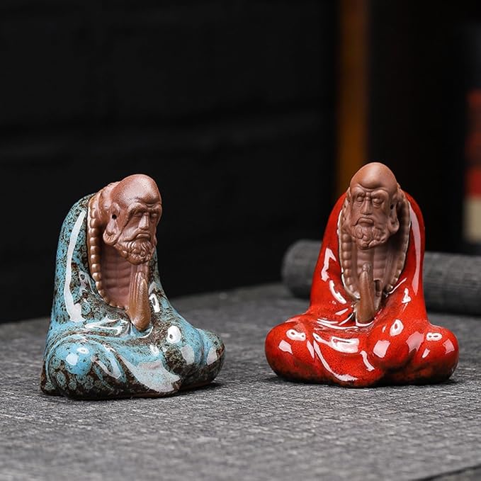 Purple Sand Bodhidharma Statue 7 cm Zen Bodhidharma Buddha Statue Meditation Ceramic Sculpture Home Tea Room Desktop Decoration Ornaments (Blue+red)
