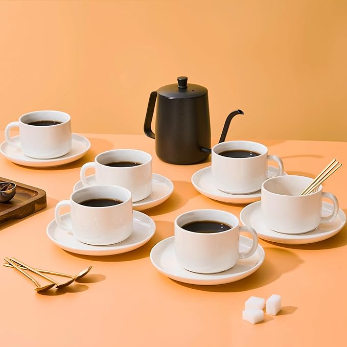 8oz Cappuccino Cups Set of 6, Ceramic Coffee Cups and Saucers Set with Spoons, Off-white Durable Coffee Cups for Cappuccino Espresso Latte Mocha Au Lait Macchiato Cafe