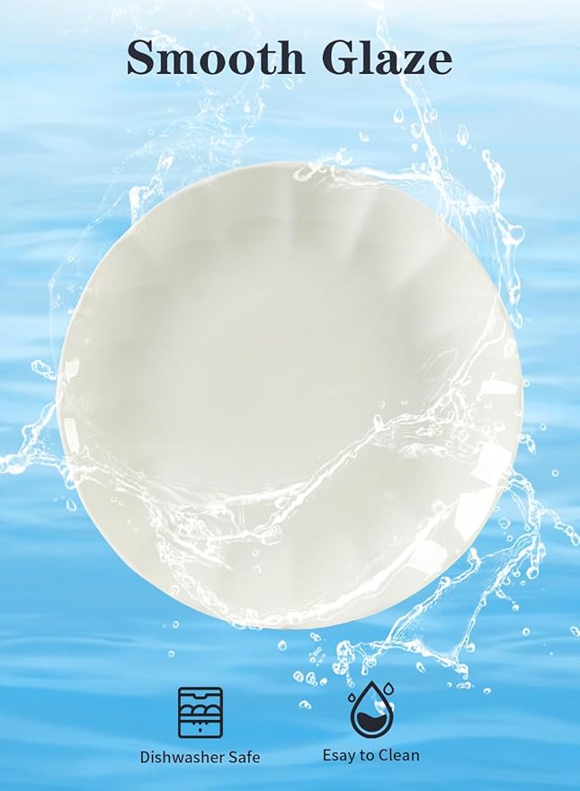 10.5 Inch Porcelain Large Dinner Plates Set of 8,White Round Petal Appetizer Salad Plates, Ceramic Dinnerware Serving Plate for Pancakes, Steak, Pasta, Pizza, Microwave, Dishwasher Safe