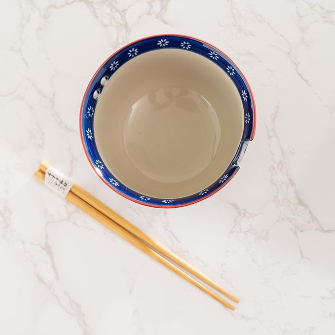 Urban Tokyo Handpainted Ceramic Glazed Japanese Ramen Udon Noodle Rice Bowl With Chopsticks 20 fl oz 5 inch Diameter Bowl Sets Color Box Packaging (Plum Blossoms)