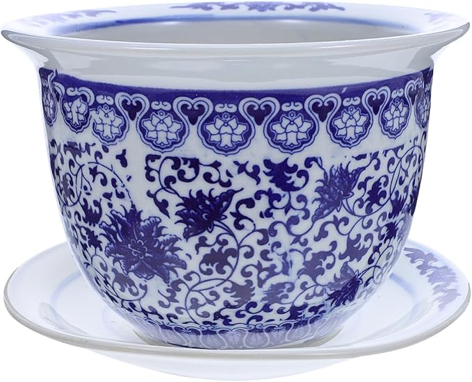 DOITOOL Blue and White Porcelain Plant pots with Drainage Holes and Drainage Tray for Indoor and Outdoor Plants, Ceramic Flower Pots