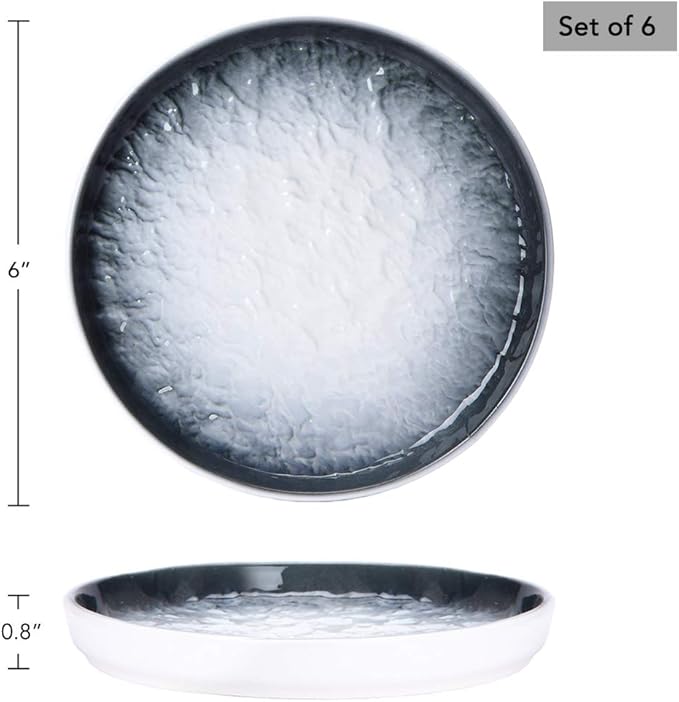 Eglaf 6'' Ceramic Small Appetizer Plates - Porcelain Gradient Water Wave Embossed Texture - Dessert Plates for Tea Party, Cake, Ice cream, Waffles, Apple Pie, Snacks (Set of 6 - Gray)