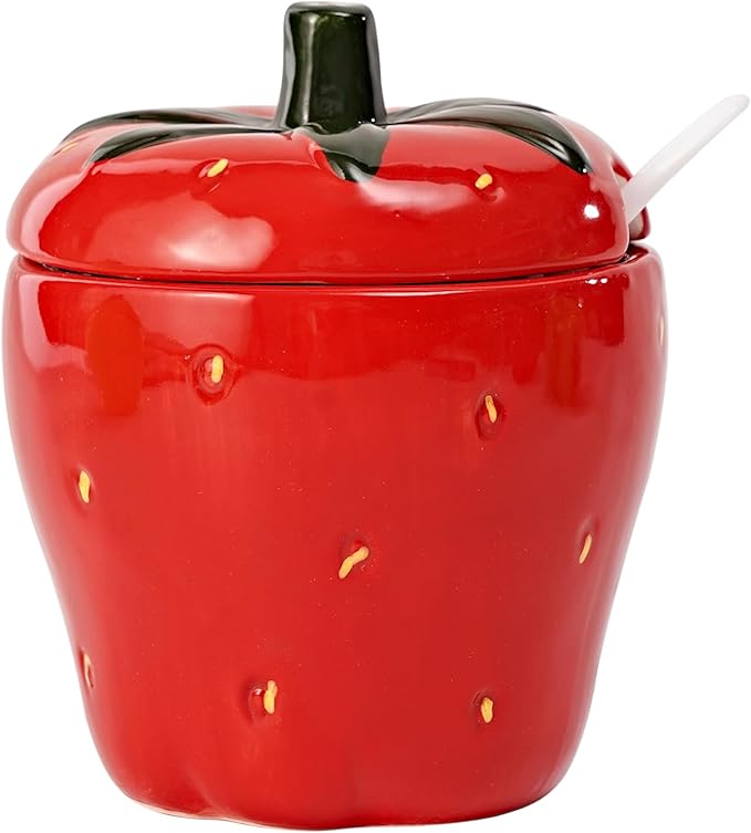 Hand-painted Ceramic Fruit Shape Sugar Bowl Spice Jar Seasoning Pot with Lid Spoon (Strawberry)