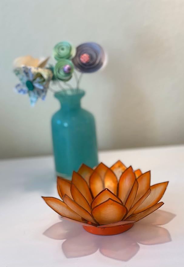 Om Gallery Capiz Shell Lotus Flower Decor Tealight Candle Holder for Serene Ambiance - Handmade Decorative Candle Holders for Meditation, Yoga, and Relaxation, Mango