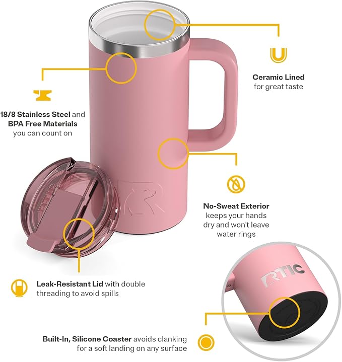 RTIC 16oz Road Trip Travel Mug with Lid and Handle, Ceramic Lined, Insulated, Stainless Steel, Metal, Double Wall Vacuum-Insulation, Portable Coffee, Tea Cup for Hot and Cold Drink, Dusty Rose