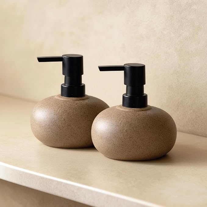 10oz Ceramic Hand Soap Dispenser, Elegant Liquid Soap Dispenser for Bathroom Countertop, Heavy & Sturdy Dish Soap Dispenser for Kitchen (Brown Set of 2)