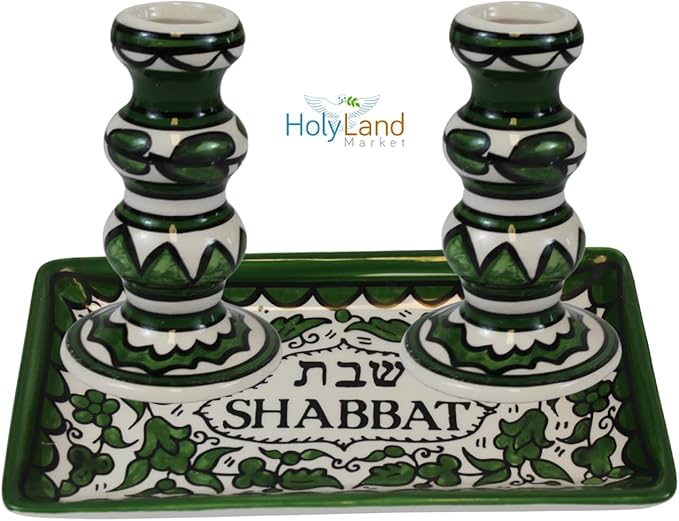 Holy Land Market Shabbat Candlestick Set - Colorful Ceramic Candlesticks with Matching Plate for Shabbat and Holidays (Green)