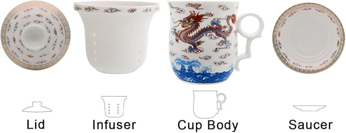 PLESIU Tea Talent Porcelain Tea Cup with Infuser Lid and Saucer Sets - Chinese Jingdezhen Ceramics Coffee Mug Teacup Loose Leaf Tea Brewing System for Home Office