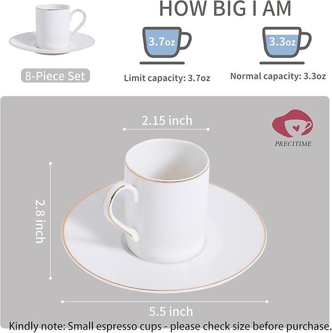 White Porcelain 8-Piece Espresso Cup Set - 3.3oz Demitasse Cups and Saucers Set, Elegant design with gold trim, Perfect for Espresso, Turkish Coffee, and Dessert Drinks, Gifts