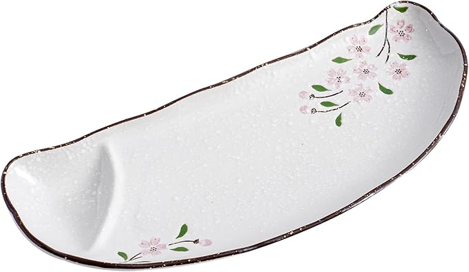 10.8" Half-round Ceramic Japanese Sushi Platter Dumpling Plate with Dipping Saucer for Snack Dessert Salad Fries Gyoza (24Pack, Pink Sakura)