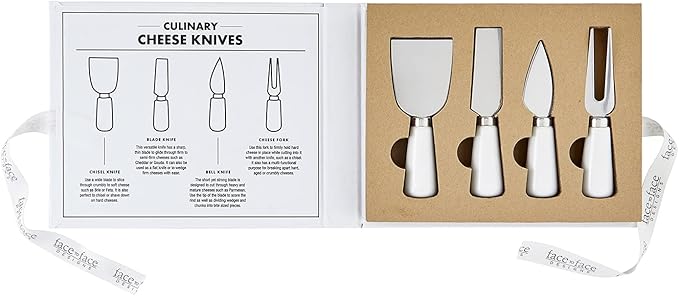 Santa Barbara Design Studio Gift Set Kitchen Essentials Face to Face Designs Black and White Cardboard Book Gift Box, 4-Pieces, Say Cheese Ceramic Cheese Knives