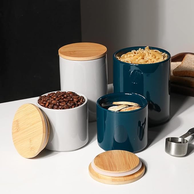 Sweejar Kitchen Canisters Ceramic Food Storage Jar Set, Stackable Containers with Airtight Seal Wooden Lid for Serving Ground Coffee, Tea, Herbs, Grains, Sugar, Salt - Set of 4 (Gray)