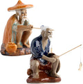Homoyoyo Ceramic Fisherman Figurine Set 2pcs, 4-inch Bonsai Ornament for Fish Tank Decor, Aquarium Desktop Collectible Statue, Asian Fishing Man Sculpture for Home Garden