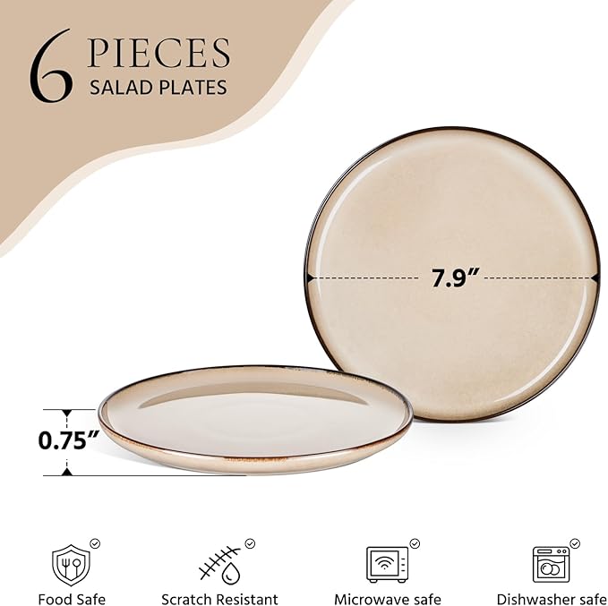 E-far 8” Ceramic Salad Plates Set of 6, Reactive Glaze Stoneware Dishes, Round Dessert Plate for Home Kitchen Restaurant, Microwave & Dishwasher Safe – Sandy Beige
